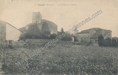 Carte postale ancienne Le Château et l'Eglise — Oupia (Hérault)