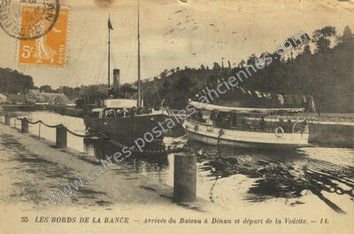 Carte postale ancienne Les bords de la Rance - Arrivée du bateau et départ de la vedette — Dinan (Côtes-d'Armor)