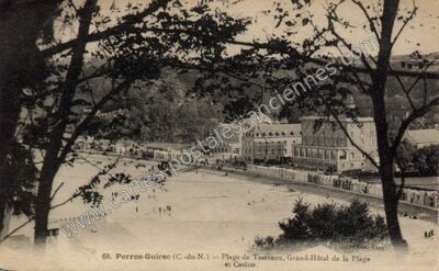 Carte postale ancienne Plage de Testraou, Grand-Hôtel de la Plage et Casino — Perros-Guirec (Côtes-d'Armor)