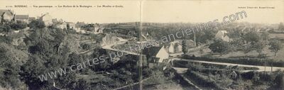 Carte postale ancienne Vue panoramique. — Les Rochers de la Boulangère. — Les Moulins et Gouby — Boussac (Creuse)
