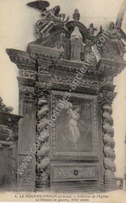 Carte postale ancienne Intérieur de l'Eglise Le Rétable de gauche, XVIIe siècle — Moutier-d'Ahun (Creuse)