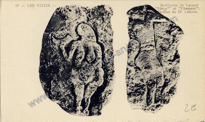 Carte postale ancienne Sculptures de Laussel "Vénus" et "Chasseur". Fouilles du D Lalanne — Les Eyzies-de-Tayac-Sireuil (Dordogne)