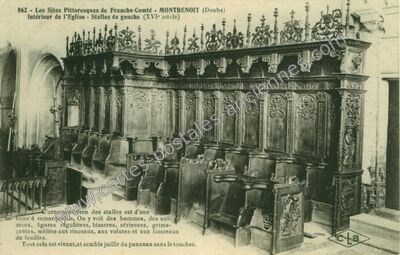 Carte postale ancienne Intérieur de l'Eglise - Stalles de gauche — Montbenoît (Doubs)