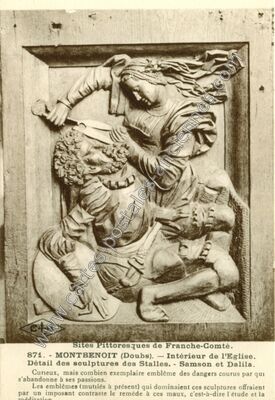 Carte postale ancienne Intérieur de l'Eglise. Détail des sculptures des Stalles. - Samson et Dalila — Montbenoît (Doubs)