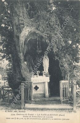 Carte postale ancienne Statue de Notre-Dame de Lourdes dans un If de 9 m — La Haye-de-Routot (Eure)