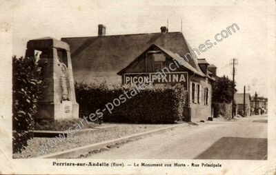 Carte postale ancienne Le Monument aux Morts - Rue Principale — Perriers-sur-Andelle (Eure)