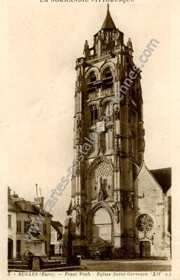 Carte postale ancienne Place Foch - Eglise Saint Germain — Rugles (Eure)