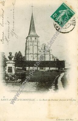 Carte postale ancienne Le Buste du Docteur Auzoux et l'Église — Saint-Aubin-d'Écrosville (Eure)