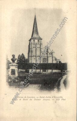 Carte postale ancienne Église & Buste du Docteur Auzoux — Saint-Aubin-d'Écrosville (Eure)