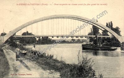 Carte postale ancienne Pont suspendu en ciment armé (le plus grand du monde) — Saint-Pierre-du-Vauvray (Eure)
