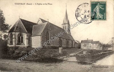 Carte postale ancienne L'Eglise et la Place — Thevray (Eure)