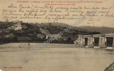 Carte postale ancienne Le Barrage, vue sur la Tour et restes de l'Eglise dans laquelle se firent les fiançailles — Port-Mort (Eure)