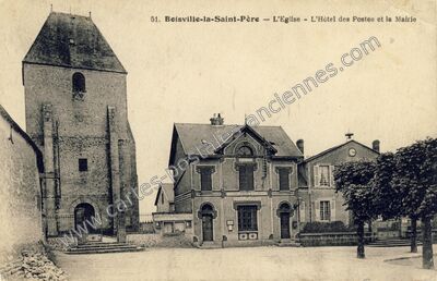Carte postale ancienne L'Eglise — L'Hôtel des Postes et la Mairie — Boisville-la-Saint-Père (Eure-et-Loir)