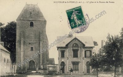 Carte postale ancienne L'Église et le Bureau de Postes — Boisville-la-Saint-Père (Eure-et-Loir)