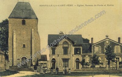 Carte postale ancienne Eglise, Bureau de Poste et Mairie — Boisville-la-Saint-Père (Eure-et-Loir)