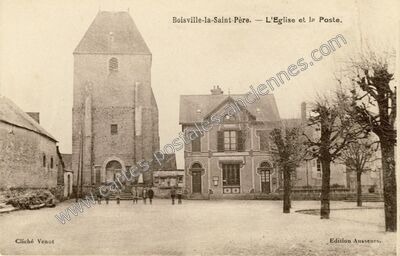 Carte postale ancienne L'Eglise et la Poste — Boisville-la-Saint-Père (Eure-et-Loir)