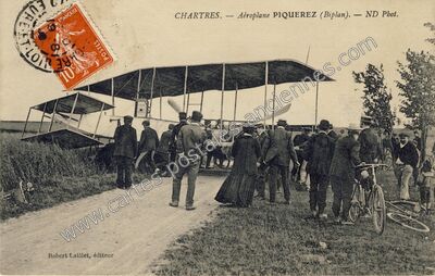 Carte postale ancienne Aéroplane PIQUEREZ (Biplan) — Chartres (Eure-et-Loir)