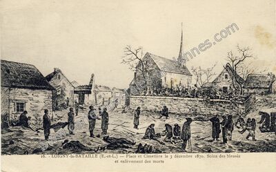 Carte postale ancienne Place et Cimetière le 3 décembre 1870. Soins des blessés et enlèvement des morts — Loigny-la-Bataille (Eure-et-Loir)