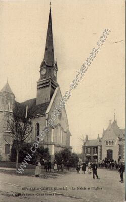 Carte postale ancienne La Mairie et l'Eglise — Béville-le-Comte (Eure-et-Loir)