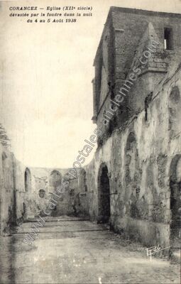 Carte postale ancienne Eglise (XIIe siècle) dévastée par la foudre dans la nuit du 4 au 5 Août 1938 — Corancez (Eure-et-Loir)