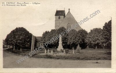 Carte postale ancienne L'Église et le Monument aux Morts — Umpeau (Eure-et-Loir)