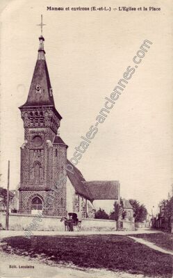 Carte postale ancienne L'Eglise et la Place — Manou (Eure-et-Loir)