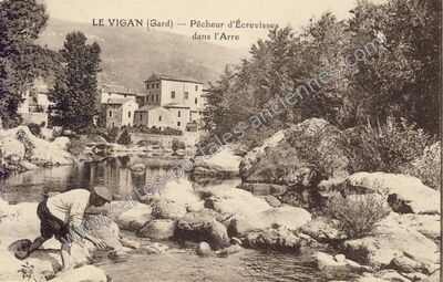 Carte postale ancienne Pêcheur d'Écrevisses dans l'Arre — Le Vigan (Gard)
