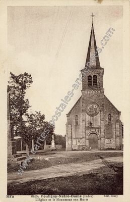 Carte postale ancienne L'Eglise et le Monument aux Morts — Pouligny-Notre-Dame (Indre)