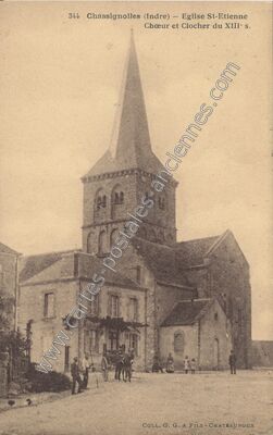 Carte postale ancienne Eglise St-Etienne Chœur et Clocher du XIIIe s — Chassignolles (Indre)