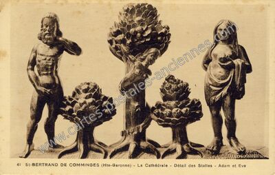 Carte postale ancienne La Cathédrale - Détail des Stalles - Adam et Eve — Saint-Bertrand-de-Comminges (Haute-Garonne)