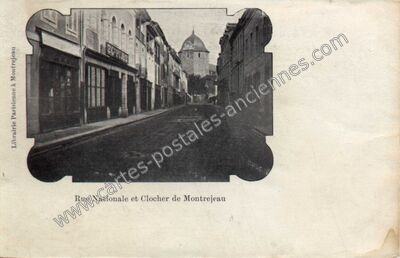 Carte postale ancienne Rue Nationale et Clocher — Montréjeau (Haute-Garonne)