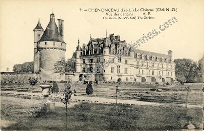 Carte postale ancienne Le Château (Côté N.-O.) / Vue des Jardins / The Castle (N.-W. Side) The Gardens — Chenonceaux (Indre-et-Loire)
