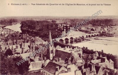 Carte postale ancienne Vue Générale du Quartier et de l'Eglise St-Maurice, et le pont sur la Vienne — Chinon (Indre-et-Loire)