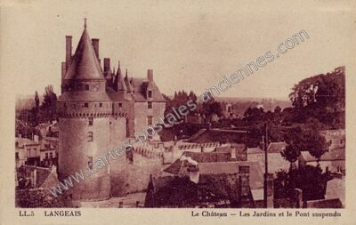 Carte postale ancienne Le Château — Les Jardins et le Pont suspendu — Langeais (Indre-et-Loire)