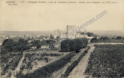 Carte postale ancienne Collégiale St-Ours ; restes de l'ancienne forteresse : donjon, mur d'enceinte, etc — Loches (Indre-et-Loire)