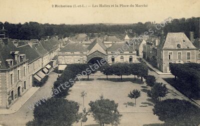 Carte postale ancienne Les Halles et la Place du Marché — Richelieu (Indre-et-Loire)