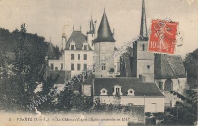 Carte postale ancienne Le Château et l'Église construite en 1518 — Véretz (Indre-et-Loire)