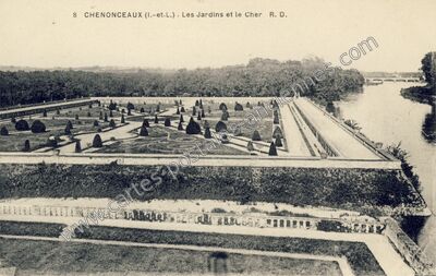 Carte postale ancienne Les Jardins et le Cher R. D — Chenonceaux (Indre-et-Loire)