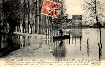 Carte postale ancienne CRUE DU CHER : Les Granges-Colliers, entourées par les eaux — Joué-lès-Tours (Indre-et-Loire)
