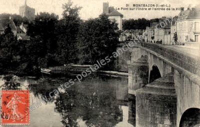 Carte postale ancienne Le Pont sur l'Indre et l'entrée de la Ville — Montbazon (Indre-et-Loire)