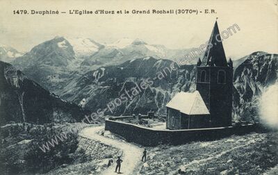 Carte postale ancienne L'Eglise d'Huez et le Grand Rochail — Huez (Isère)