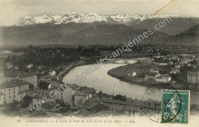 Carte postale ancienne L'Isère, le Pont de l'Ile Verte et les Alpes — Grenoble (Isère)