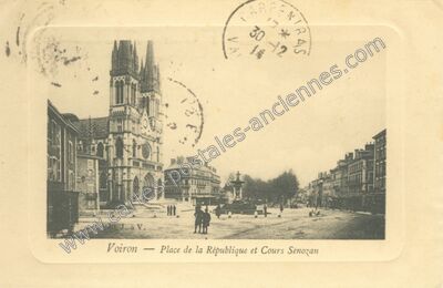 Carte postale ancienne Place de la République et Cours Sénozan — Voiron (Isère)