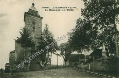 Carte postale ancienne Le Monument et l'Eglise — Étrepigney (Jura)