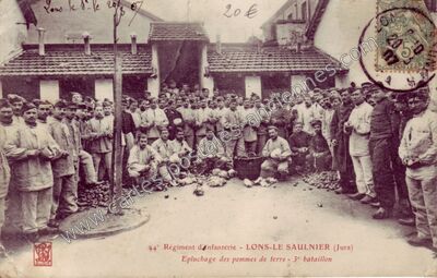 Carte postale ancienne 44° Régiment d'infanterie - Epluchage des pommes de terre - 3° bataillon — Lons-le-Saunier (Jura)
