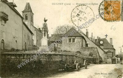 Carte postale ancienne Monument et Eglise — Ougney (Jura)