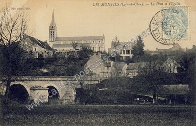 Carte postale ancienne Le Pont et l'Église — Les Montils (Loir-et-Cher)