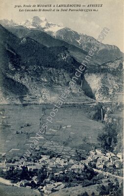 Carte postale ancienne Route de Modane à Lanslebourg - Les Cascades St-Benoît et la Dent Parrachée — Avrieux (Savoie)