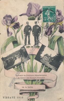 Carte postale ancienne Souvenir du Concours Départemental de l'Union des Sapeurs-Pompiers — Vibraye (Sarthe)