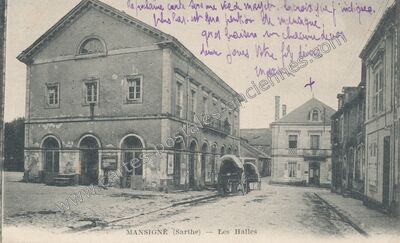Carte postale ancienne Les Halles — Mansigné (Sarthe)